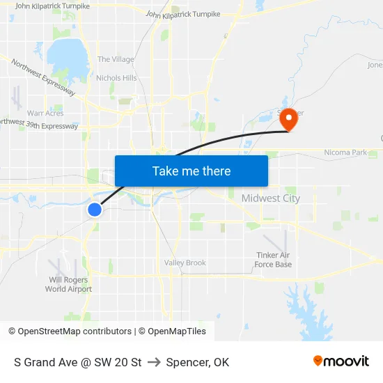 S Grand Ave @ SW 20 St to Spencer, OK map