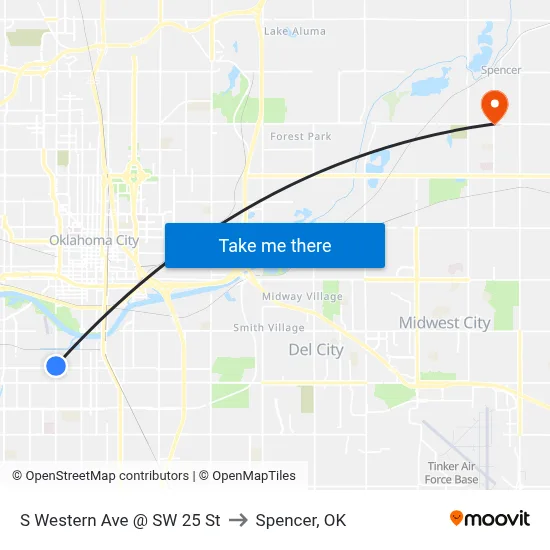 S Western Ave @ SW 25 St to Spencer, OK map