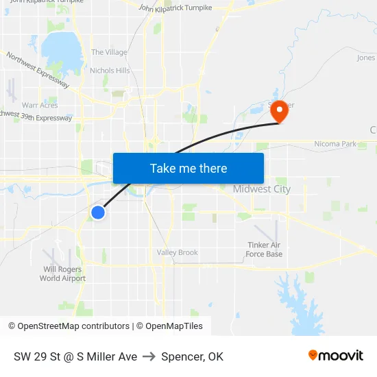 SW 29 St @ S Miller Ave to Spencer, OK map