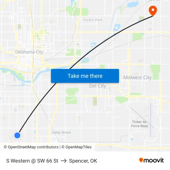 S Western @ SW 66 St to Spencer, OK map