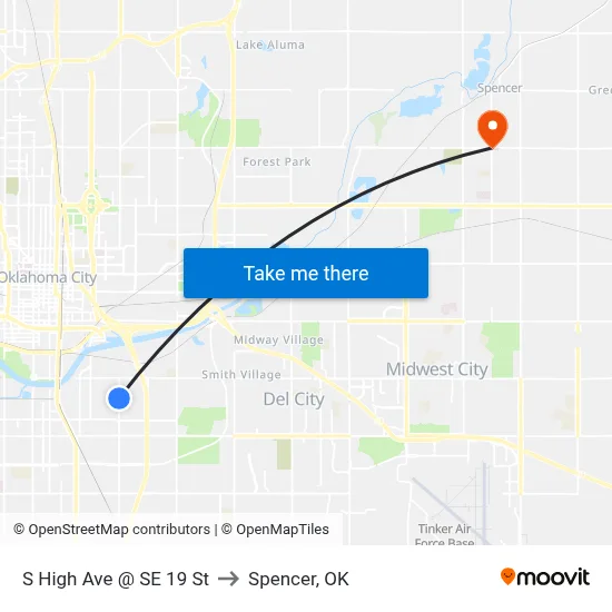 S High Ave @ SE 19 St to Spencer, OK map