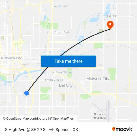 S High Ave @ SE 29 St to Spencer, OK map