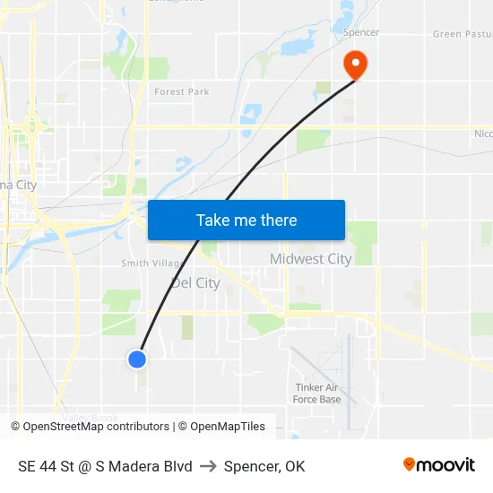 SE 44 St @ S Madera Blvd to Spencer, OK map