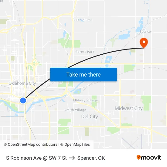 S Robinson Ave @ SW 7 St to Spencer, OK map
