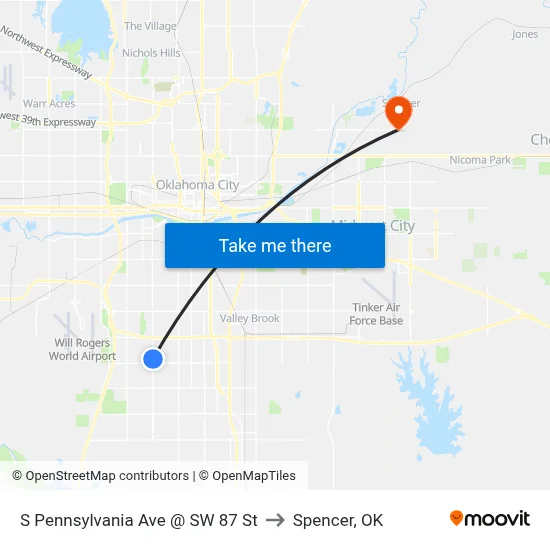 S Pennsylvania Ave @ SW 87 St to Spencer, OK map