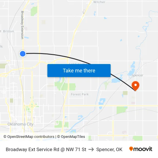 Broadway Ext Service Rd @ NW 71 St to Spencer, OK map