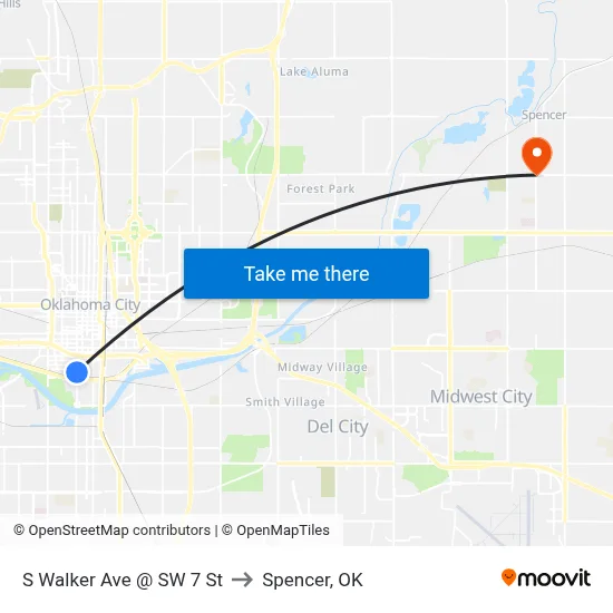 S Walker Ave @ SW 7 St to Spencer, OK map