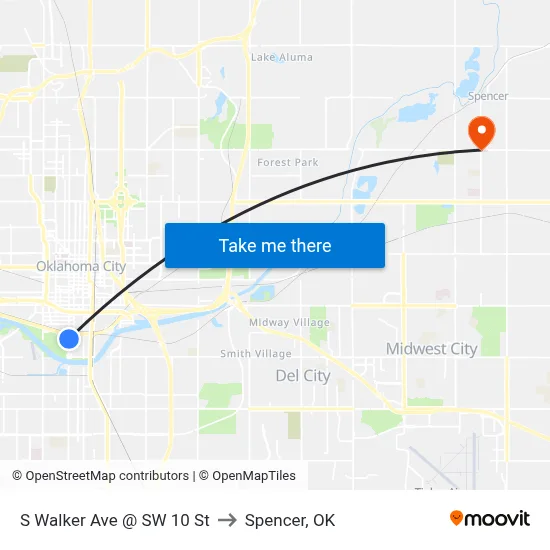 S Walker Ave @ SW 10 St to Spencer, OK map