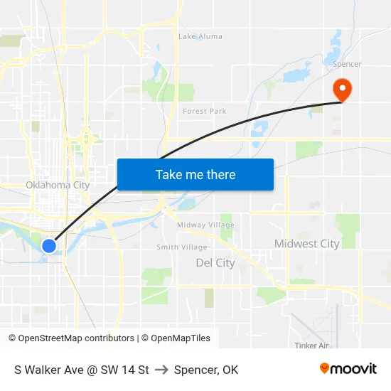 S Walker Ave @ SW 14 St to Spencer, OK map