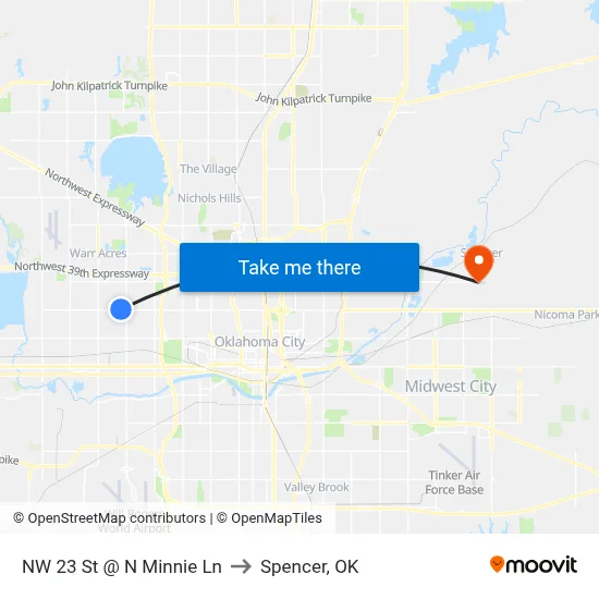 NW 23 St @ N Minnie Ln to Spencer, OK map