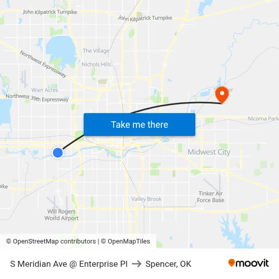 S Meridian Ave @ Enterprise Pl to Spencer, OK map
