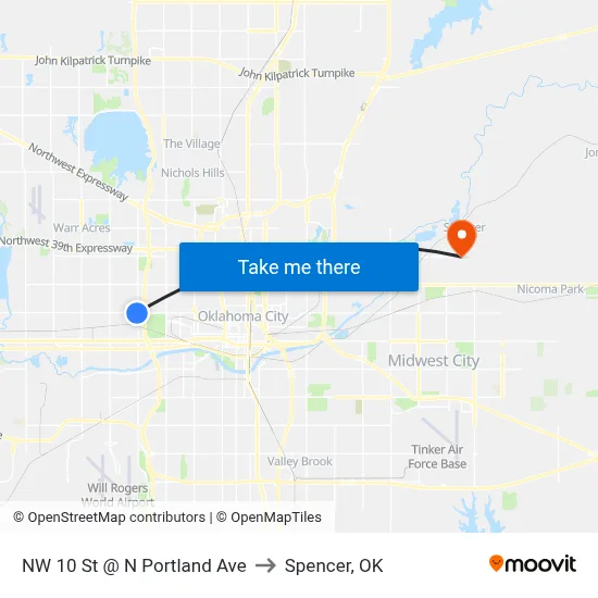 NW 10 St @ N Portland Ave to Spencer, OK map