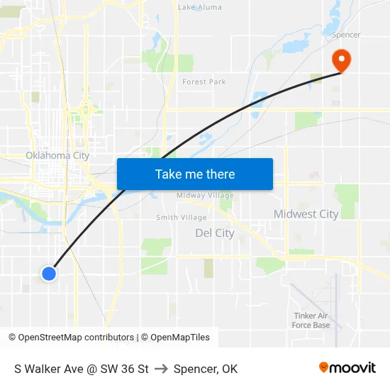 S Walker Ave @ SW 36 St to Spencer, OK map