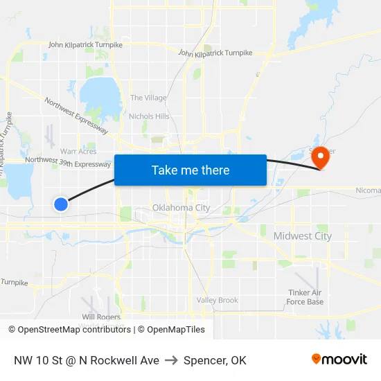 NW 10 St @ N Rockwell Ave to Spencer, OK map