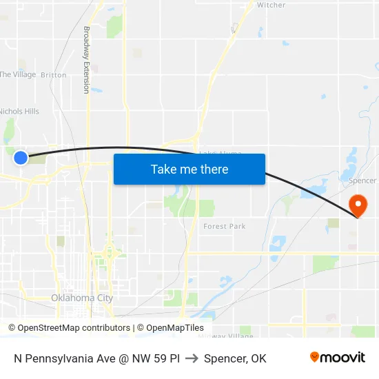 N Pennsylvania Ave @ NW 59 Pl to Spencer, OK map