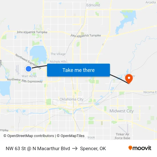 NW 63 St @ N Macarthur Blvd to Spencer, OK map