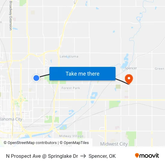 N Prospect Ave @ Springlake Dr to Spencer, OK map