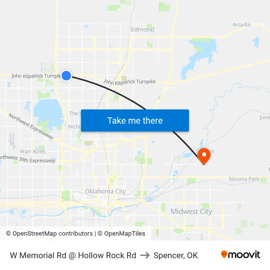 W Memorial Rd @ Hollow Rock Rd to Spencer, OK map