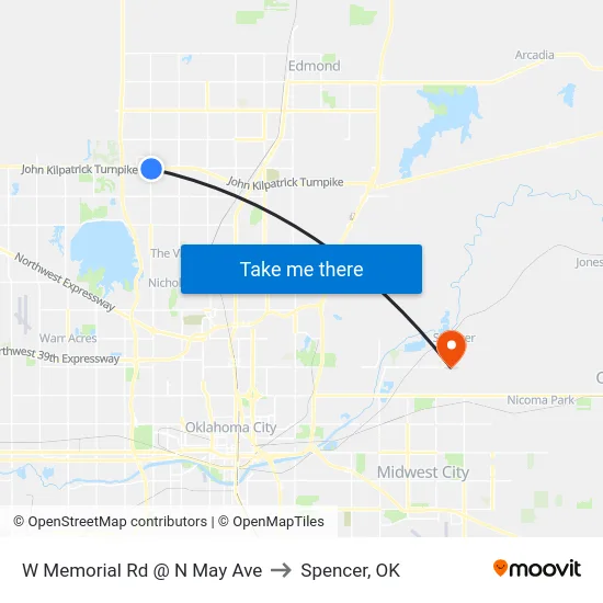 W Memorial Rd @ N May Ave to Spencer, OK map