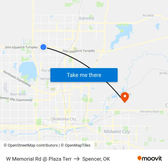 W Memorial Rd @ Plaza Terr to Spencer, OK map