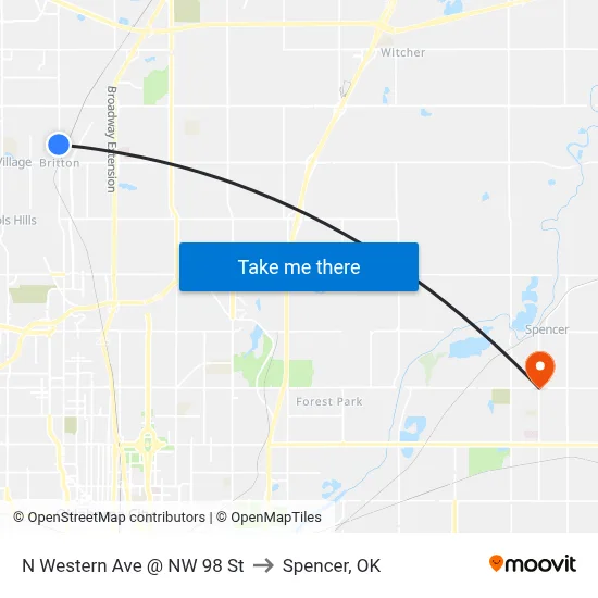 N Western Ave @ NW 98 St to Spencer, OK map