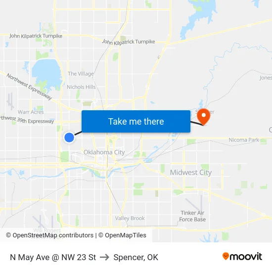 N May Ave @ NW 23 St to Spencer, OK map