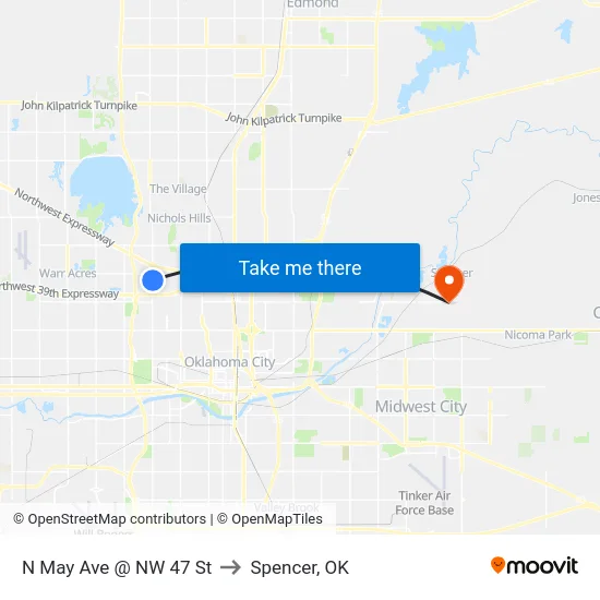 N May Ave @ NW 47 St to Spencer, OK map
