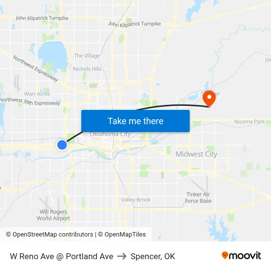 W Reno Ave @ Portland Ave to Spencer, OK map