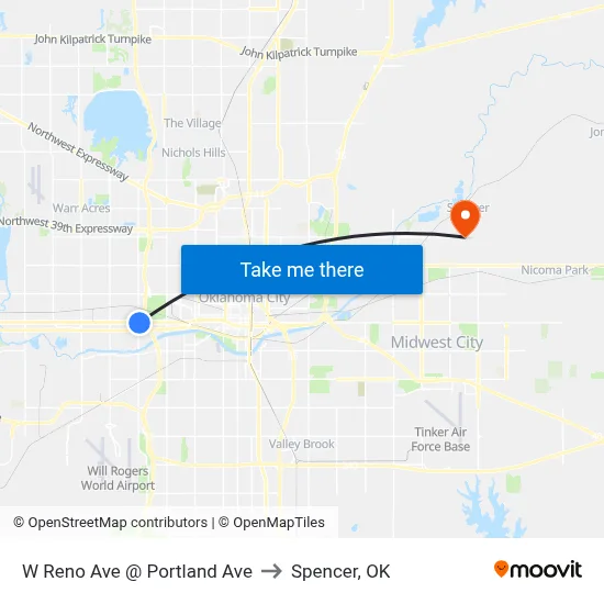 W Reno Ave @ Portland Ave to Spencer, OK map
