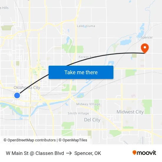 W Main St @ Classen Blvd to Spencer, OK map