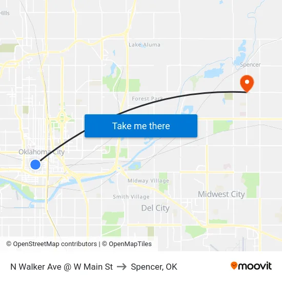 N Walker Ave @ W Main St to Spencer, OK map