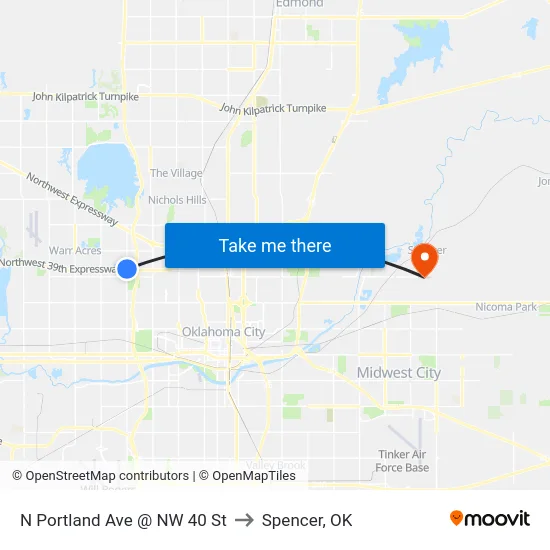N Portland Ave @ NW 40 St to Spencer, OK map