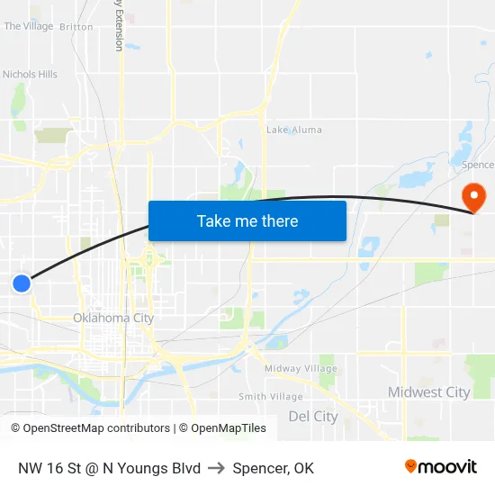 NW 16 St @ N Youngs Blvd to Spencer, OK map