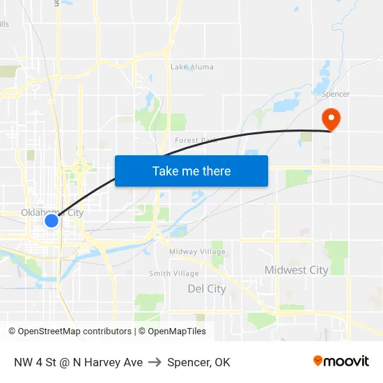 NW 4 St @ N Harvey Ave to Spencer, OK map