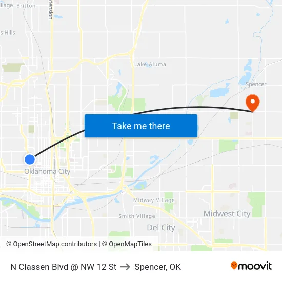 N Classen Blvd @ NW 12 St to Spencer, OK map