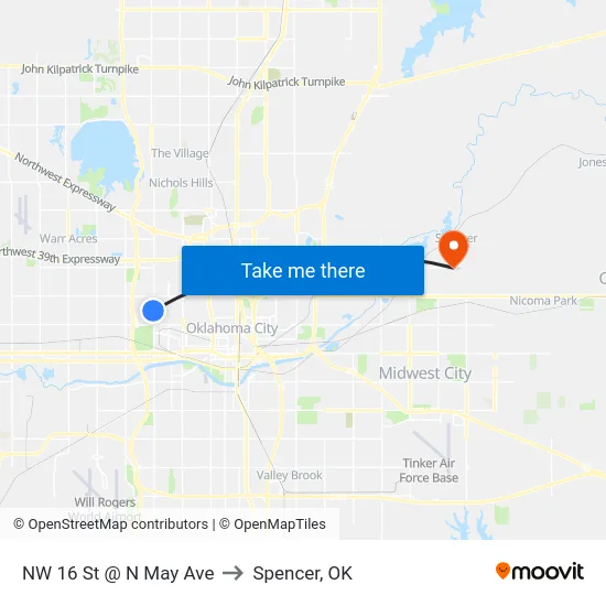 NW 16 St @ N May Ave to Spencer, OK map