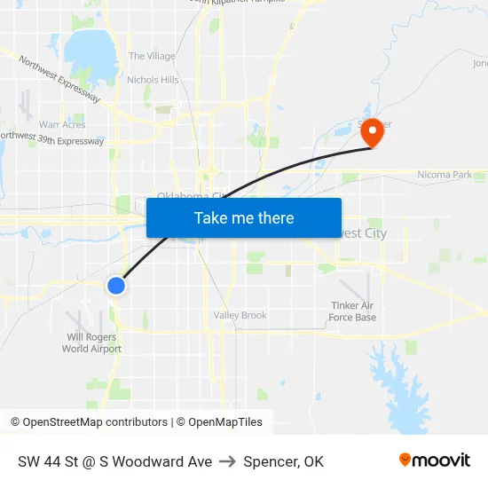SW 44 St @ S Woodward Ave to Spencer, OK map