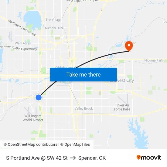 S Portland Ave @ SW 42 St to Spencer, OK map