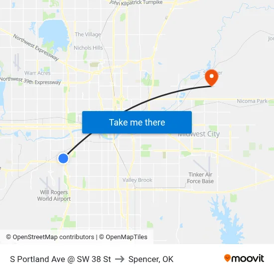 S Portland Ave @ SW 38 St to Spencer, OK map