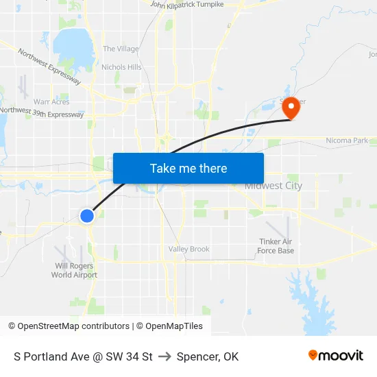 S Portland Ave @ SW 34 St to Spencer, OK map