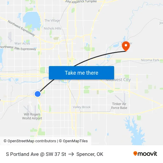 S Portland Ave @ SW 37 St to Spencer, OK map