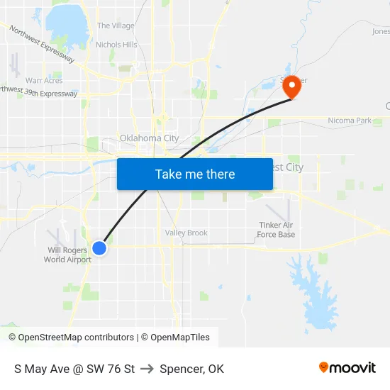 S May Ave @ SW 76 St to Spencer, OK map