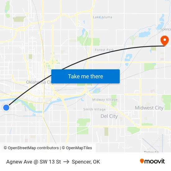 Agnew Ave @ SW 13 St to Spencer, OK map
