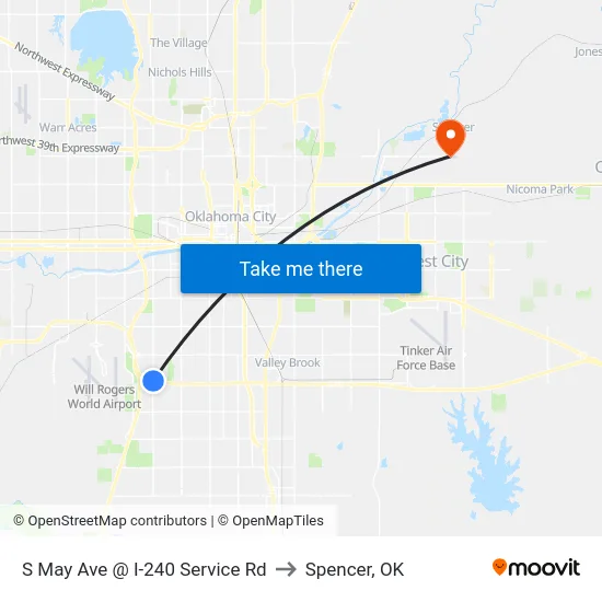 S May Ave @ I-240 Service Rd to Spencer, OK map