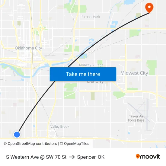 S Western Ave @ SW 70 St to Spencer, OK map