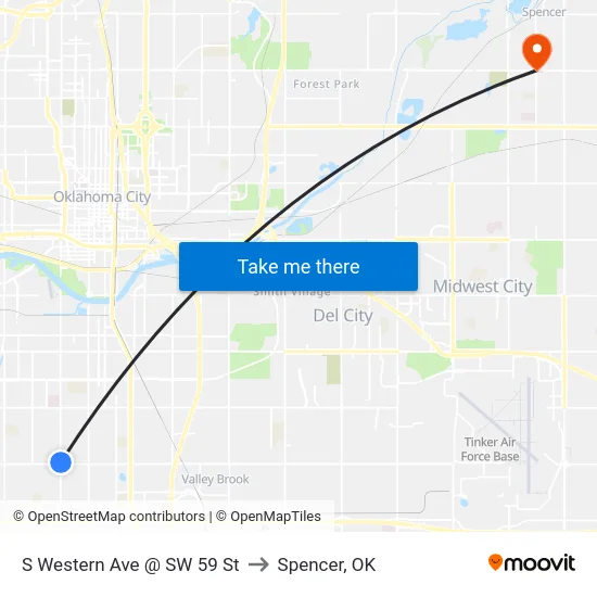 S Western Ave @ SW 59 St to Spencer, OK map