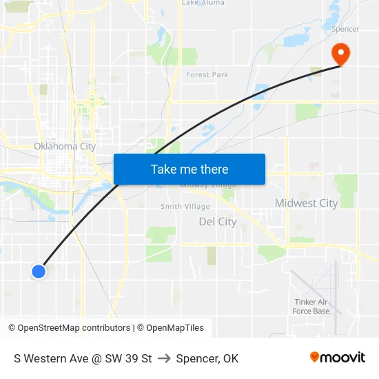 S Western Ave @ SW 39 St to Spencer, OK map