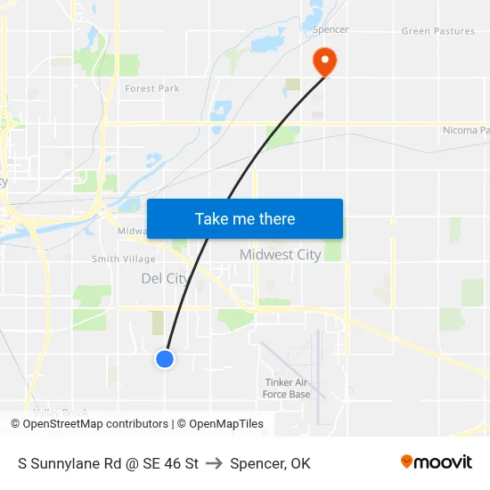 S Sunnylane Rd @ SE 46 St to Spencer, OK map