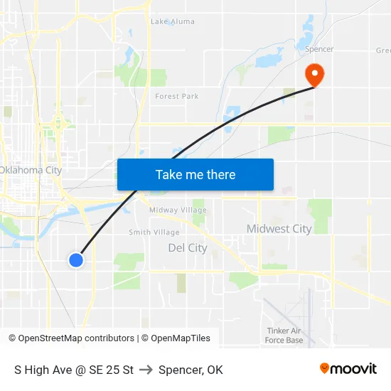 S High Ave @ SE 25 St to Spencer, OK map