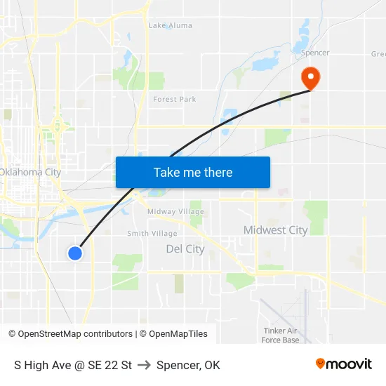 S High Ave @ SE 22 St to Spencer, OK map